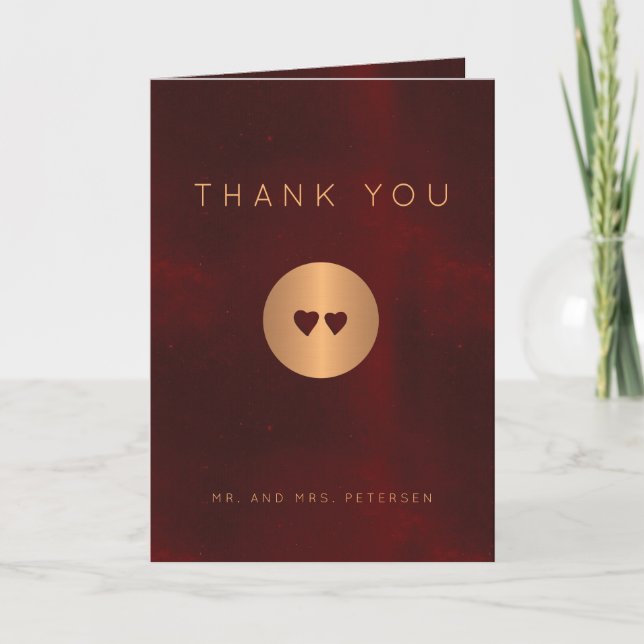 Formal burgundy gold Christmas wedding photo Thank You Card (Front)