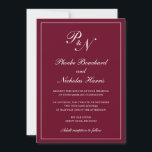 Formal Burgundy Monogram Elegant Wedding Invitation<br><div class="desc">Traditional style burgundy wedding invitation with a simple and classic design with your two initial monogram and your names in an elegant calligraphy inside of a thin border.  All design elements may be changed in the design editing tool. These elegant wedding invitations are perfect for a formal wedding.</div>