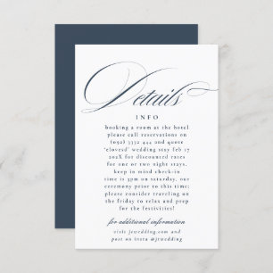 Formal Calligraphy Navy Blue White Wedding Details Enclosure Card