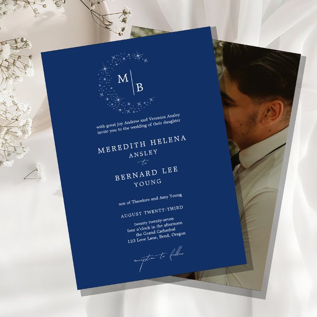 Formal Celestial Elegant Monogram Wedding Photo Invitation (Creator Uploaded)