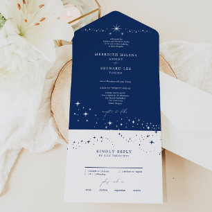 Formal Celestial Elegant Wedding Navy Blue All In One Invitation