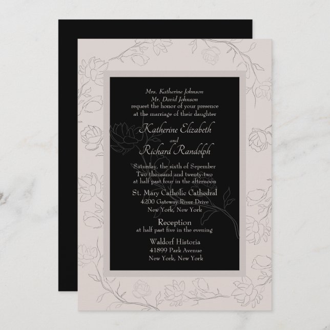 Formal Champagne & Black Jasmine Wedding Invitation (Front/Back)