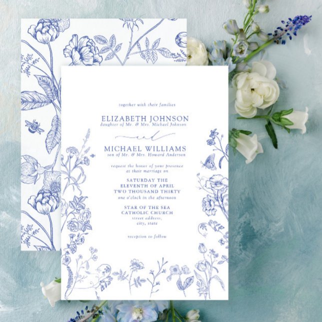 Formal Chinoiserie Blue Victorian Floral Wedding Invitation (Creator Uploaded)