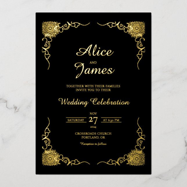 Formal Classic Black Gold Foil Wedding Invitation (Front)