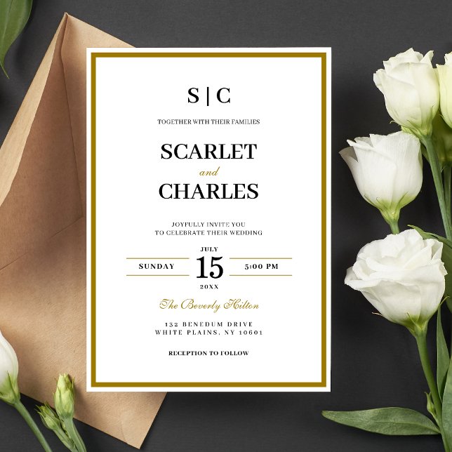 Formal Classic Black Gold Monogram Wedding Invitation (Formal black and gold monogram wedding invitation creates a timeless, elegant first impression.)