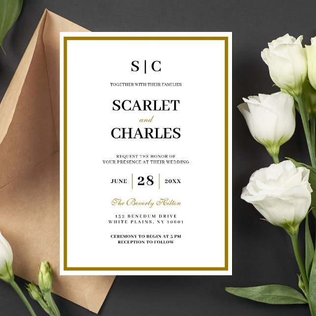Formal Classic Black Gold Monogram Wedding Invitation (Formal black and gold monogram wedding invitation adds a timeless, elegant first impression.)
