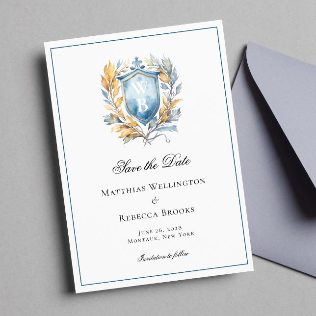 Formal Classic Blue Crest Monogram Wedding Photo Save The Date (Creator Uploaded)