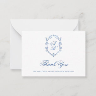 Formal Classic Blue Floral Monogram Crest Wedding Card