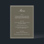 Formal Classic Border Olive Script Elegant Wedding Menu<br><div class="desc">This formal wedding menu card features an elegant script heading, clean serif typography, and a classic border on an olive background for a timeless reception look. The structured layout presents each course clearly while adding a refined, cohesive touch to table settings or place settings. Designed to coordinate seamlessly with classic...</div>