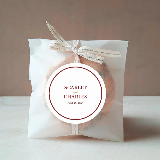 Formal Classic Burgundy & Gold Monogram Wedding Round Sticker (Burgundy and gold monogram round sticker adds a cohesive, elegant finish to wedding details.)
