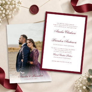 Formal Classic Deep Burgundy Script Photo Wedding Invitation