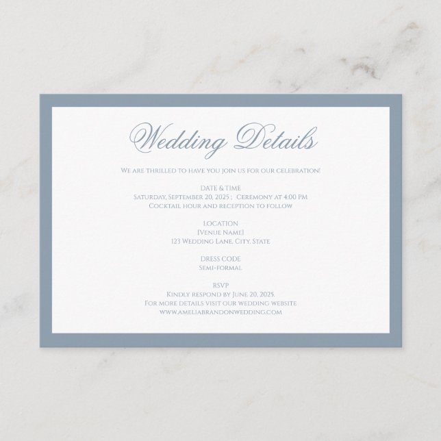 Formal Classic Dusty Blue Border Wedding Details Enclosure Card (Front)