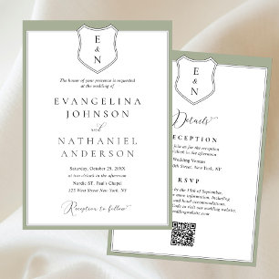 Formal Classic Elegant Crest Script Green Wedding Invitation
