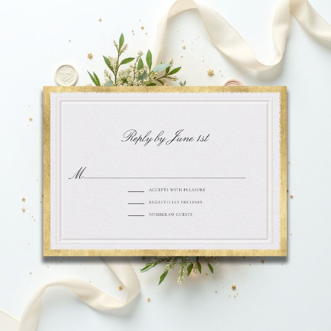 Formal Classic Elevated Gold Pearl Sm Wedding RSVP Card (formal traditional wedding RSVP response modern classic double frame gold ballroom black tie pearl)
