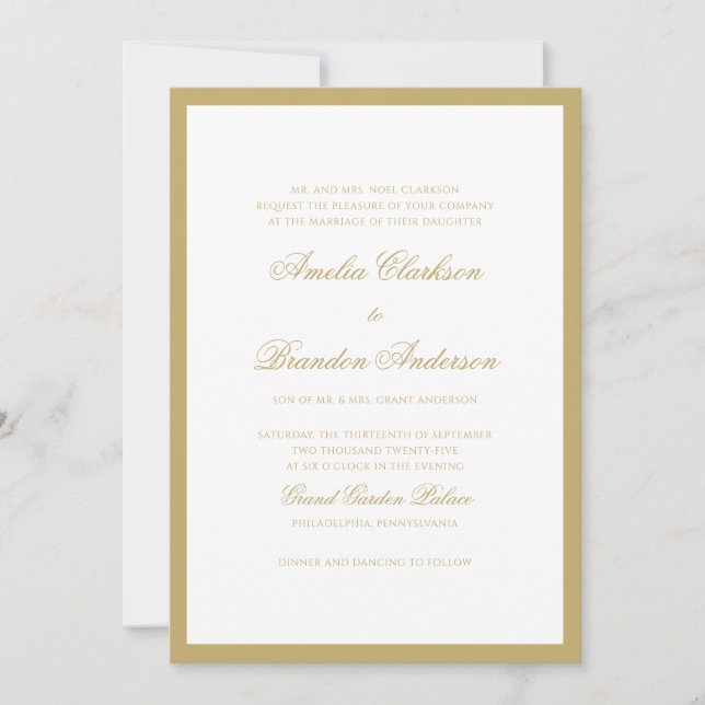Formal Classic Gold Script & Border Wedding Invitation (Front)
