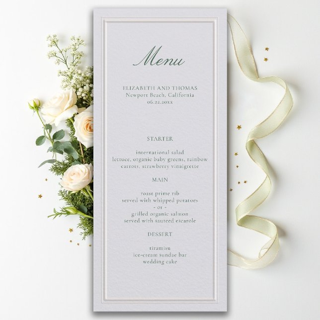Formal Classic Green Elevated Frame Ivory Wedding Menu (formal wedding menu modern classic ivory double frame sage green calligraphy)