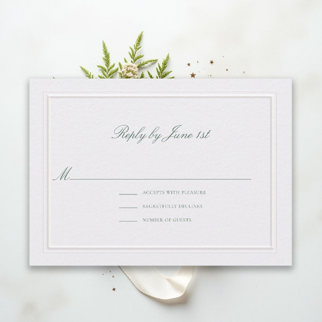 Formal Classic Green Elevated Pearl Wedding RSVP (modern classic wedding rsvp reply forest green type double frame pearl formal traditional stately)