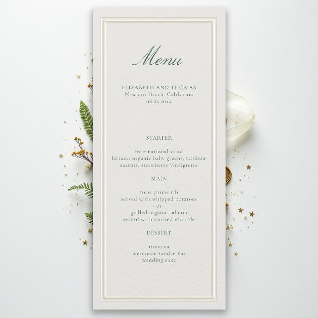Formal Classic Green Frame Ecru Elegant Wedding Menu (formal wedding menu modern classic ecru double frame green calligraphy)