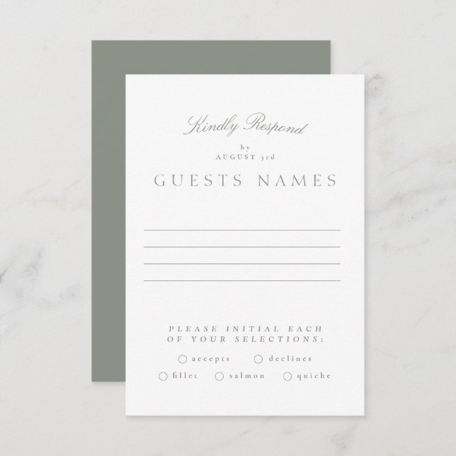 Formal Classic Grey Green Calligraphy Wedding RSVP Card (Front/Back)