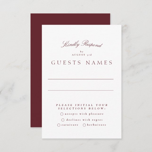 Formal Classic Maroon Burgundy Calligraphy Wedding RSVP Card (Front/Back)