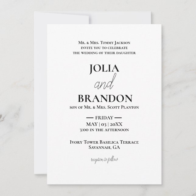 Formal Classic Minimal White & Black Wedding  Invitation (Front)