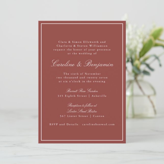 Formal Classic Rust Red Script Elegant Wedding Invitation (Standing Front)