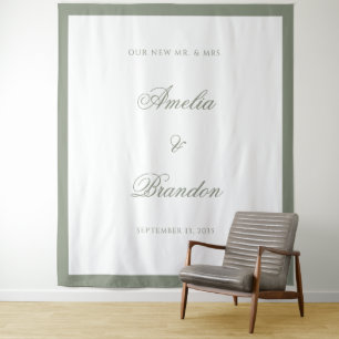Formal Classic Sage Green Border Wedding Backdrop Tapestry