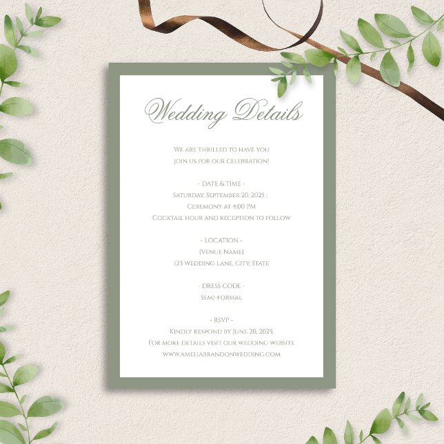 Formal Classic Sage Green Border Wedding Details Enclosure Card (Creator Uploaded)