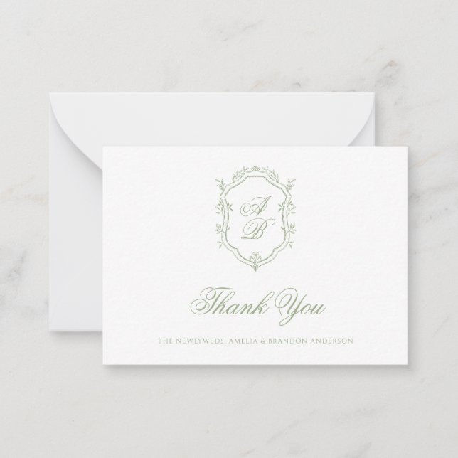Formal Classic Sage Green Monogram Crest Wedding Card (Front)