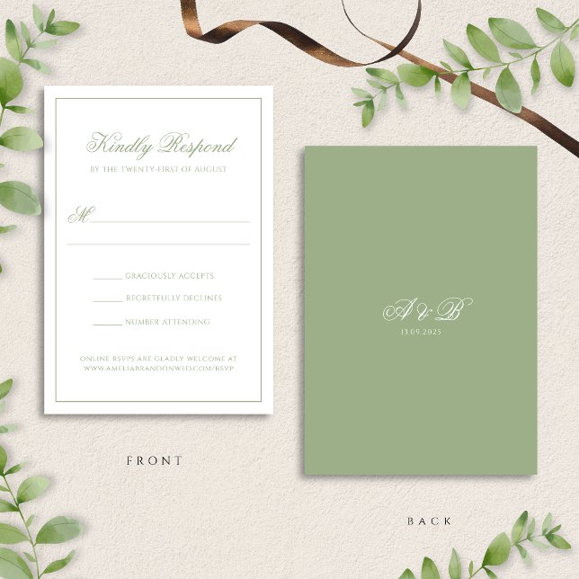 Formal Classic Sage Green Monogram Script Wedding RSVP Card (Creator Uploaded)
