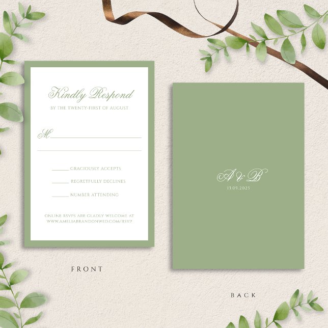 Formal Classic Sage Green Monogram Script Wedding RSVP Card (Creator Uploaded)