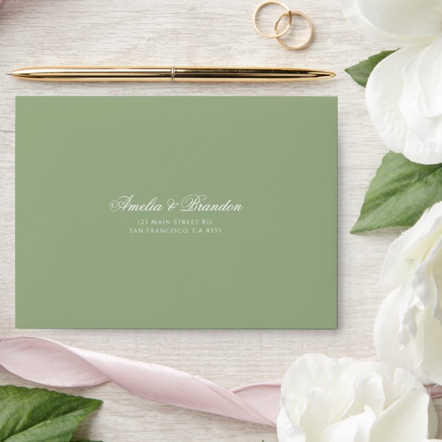 Formal Classic Sage Green & White Script Wedding Envelope (Wedding)