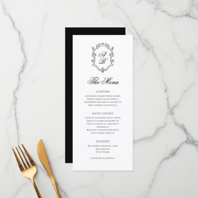 Formal Classy Black & White Monogram Crest Wedding Menu (Front/Back In Situ)