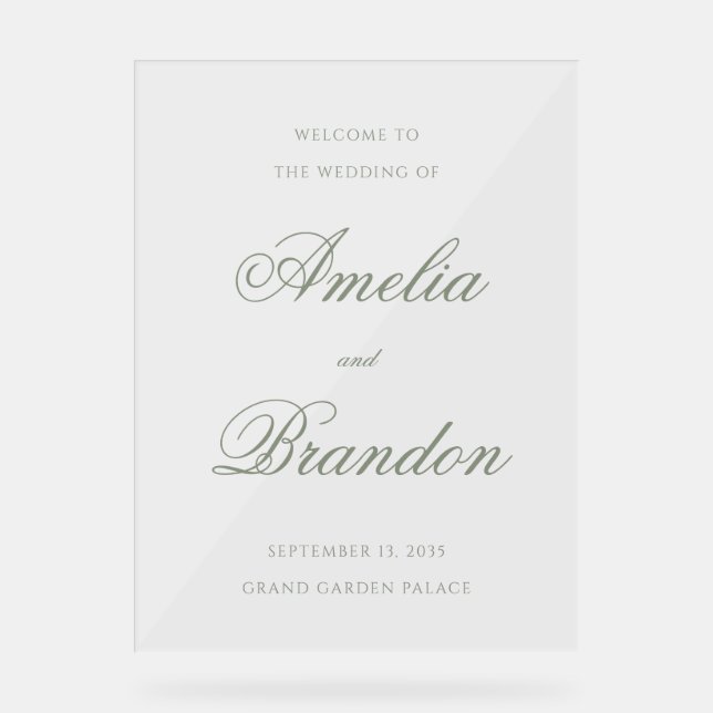 Formal Clear Sage Green Script Wedding Welcome Acrylic Sign (Front)