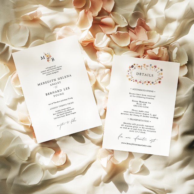 Formal Colourful Floral Wedding Monogram Details Invitation (Creator Uploaded)