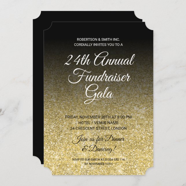 Formal Corporate Fundraiser Gold Glitter Black Invitation (Front/Back)