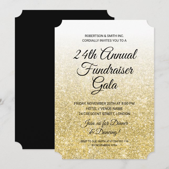 Formal Corporate Fundraiser Party Gold Glitter  Invitation (Front/Back)