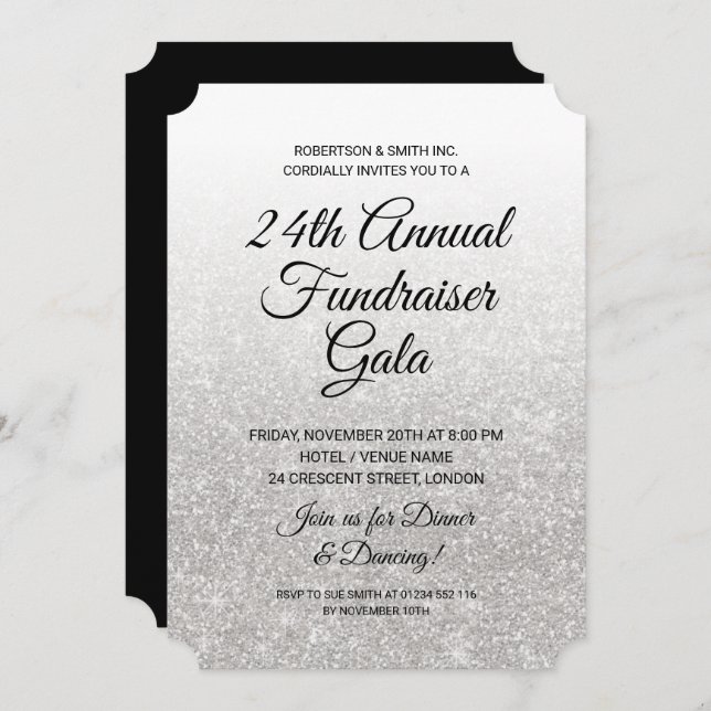 Formal Corporate Fundraiser Silver Glitter Invitation (Front/Back)