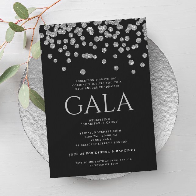 Formal Corporate Gala Silver Blac Glitter Confetti Invitation (Formal Corporate Gala Silver Blac Glitter Confetti Invitation)