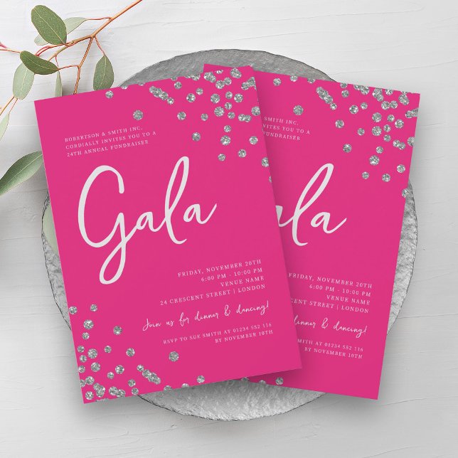 Formal Corporate Gala Silver Confetti Hot Pink  Invitation (Formal Corporate Gala Silver Confetti Hot Pink Invitation)