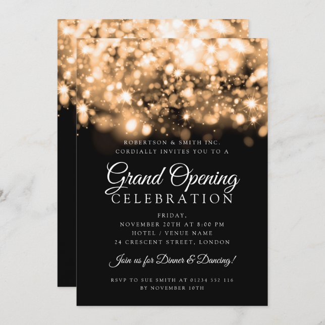 Formal Corporate Grand Opening Gold Lights Invitat Invitation (Front/Back)