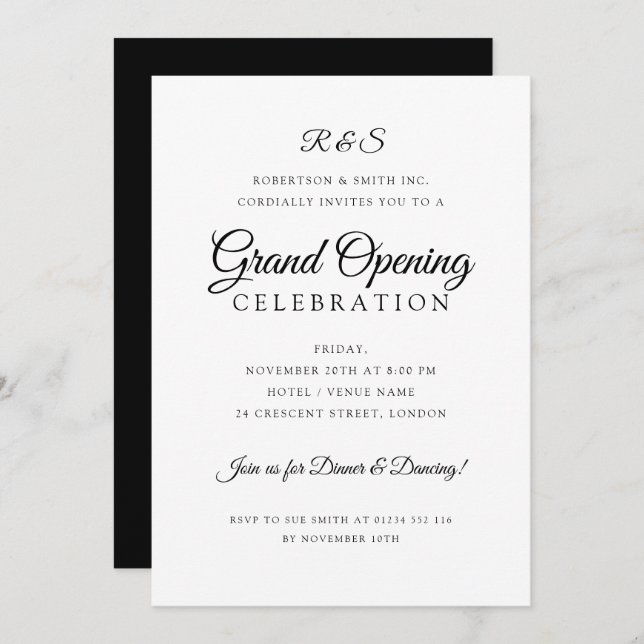 Formal Corporate Grand Opening Simple Monogram Invitation (Front/Back)