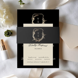 Formal Cream & Black Monogram Gold Wreath Wedding Invitation Belly Band