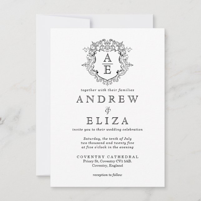 Formal Crest Black and White  Monogram Wedding Invitation (Front)