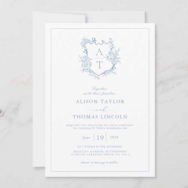 Formal Crest Dusty Blue Monogram Wedding Invitation (Front)