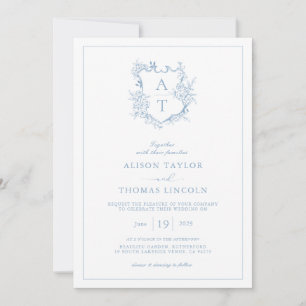 Formal Crest Dusty Blue Monogram Wedding Invitation