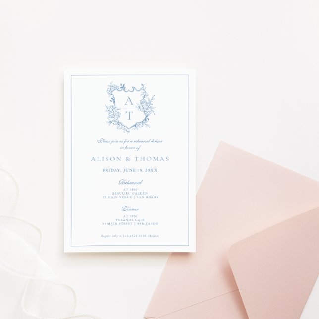 Formal Crest Dusty Blue Rehearsal Dinner Invitation (Creator Uploaded)