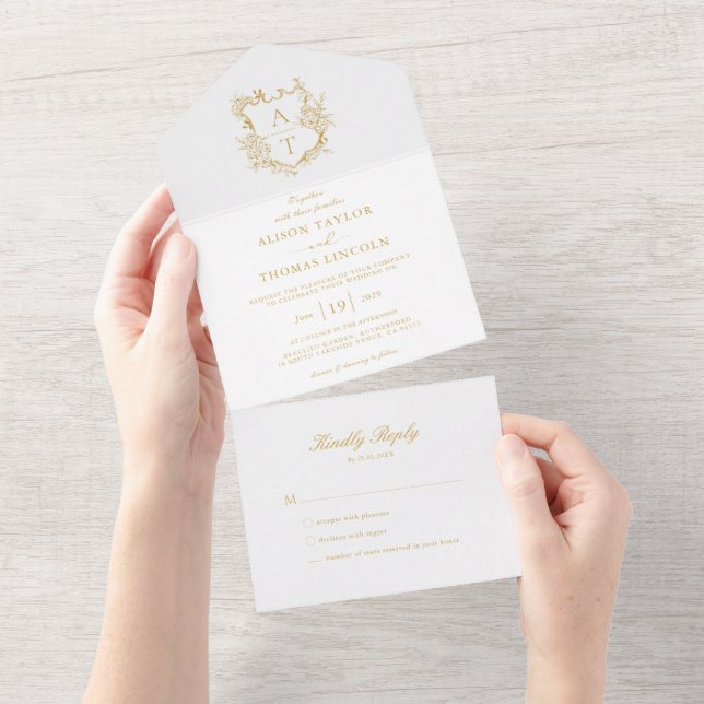 Formal Crest Gold Script Monogram Wedding All In One Invitation (Tearaway)