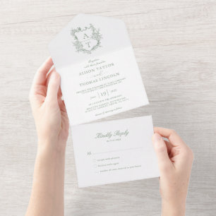 Formal Crest Sage Green Monogram Wedding All In One Invitation