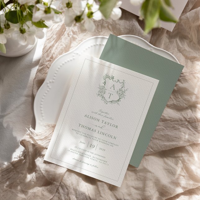 Formal Crest Sage Green Monogram Wedding Invitation (Creator Uploaded)
